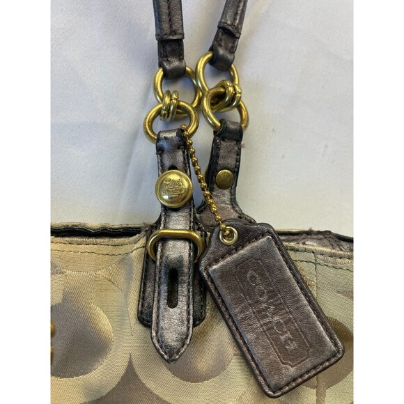 Coach Mia Op Art Signature Sateen Tote Shoulder Bag Gold Tan Womens - Picture 2 of 11